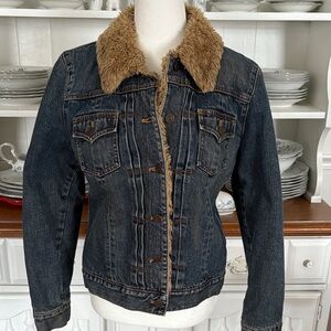 GAP Dark Blue Denim Jacket with Brown Faux Fur Collar
